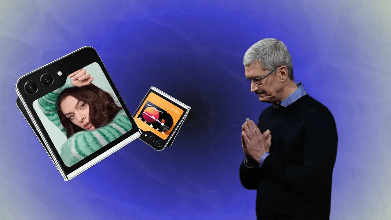 Montagem de Tim Cook com as mãos unidas e do outro lado celulares Samsung