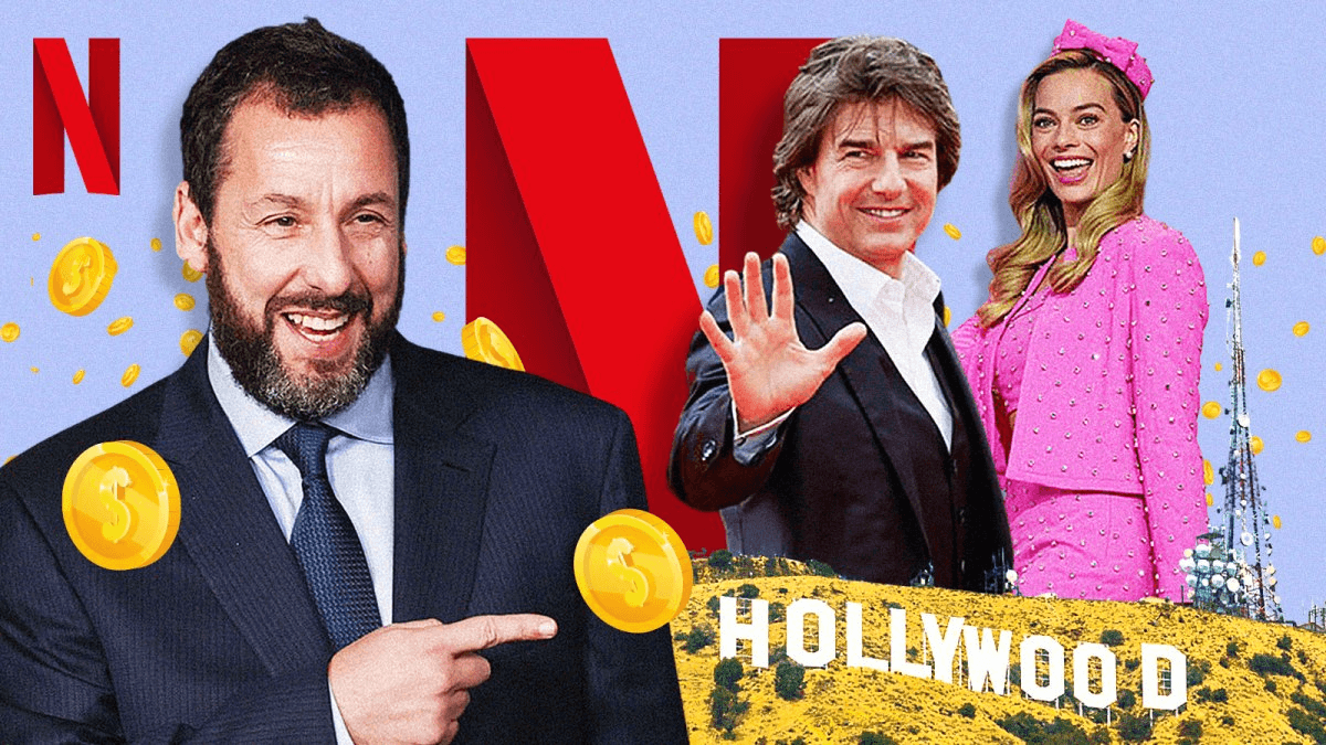 Arte mostrando atores famosos com logo da Netflix e Hollywood