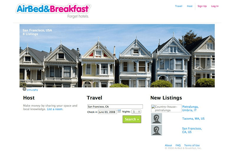 Página inicial do Airbnb em 2008